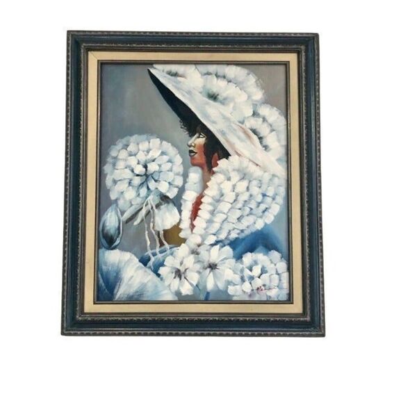 Vintage Oil Painting Black Lady with Dandelion Signed Henri - Picture 1 of 5